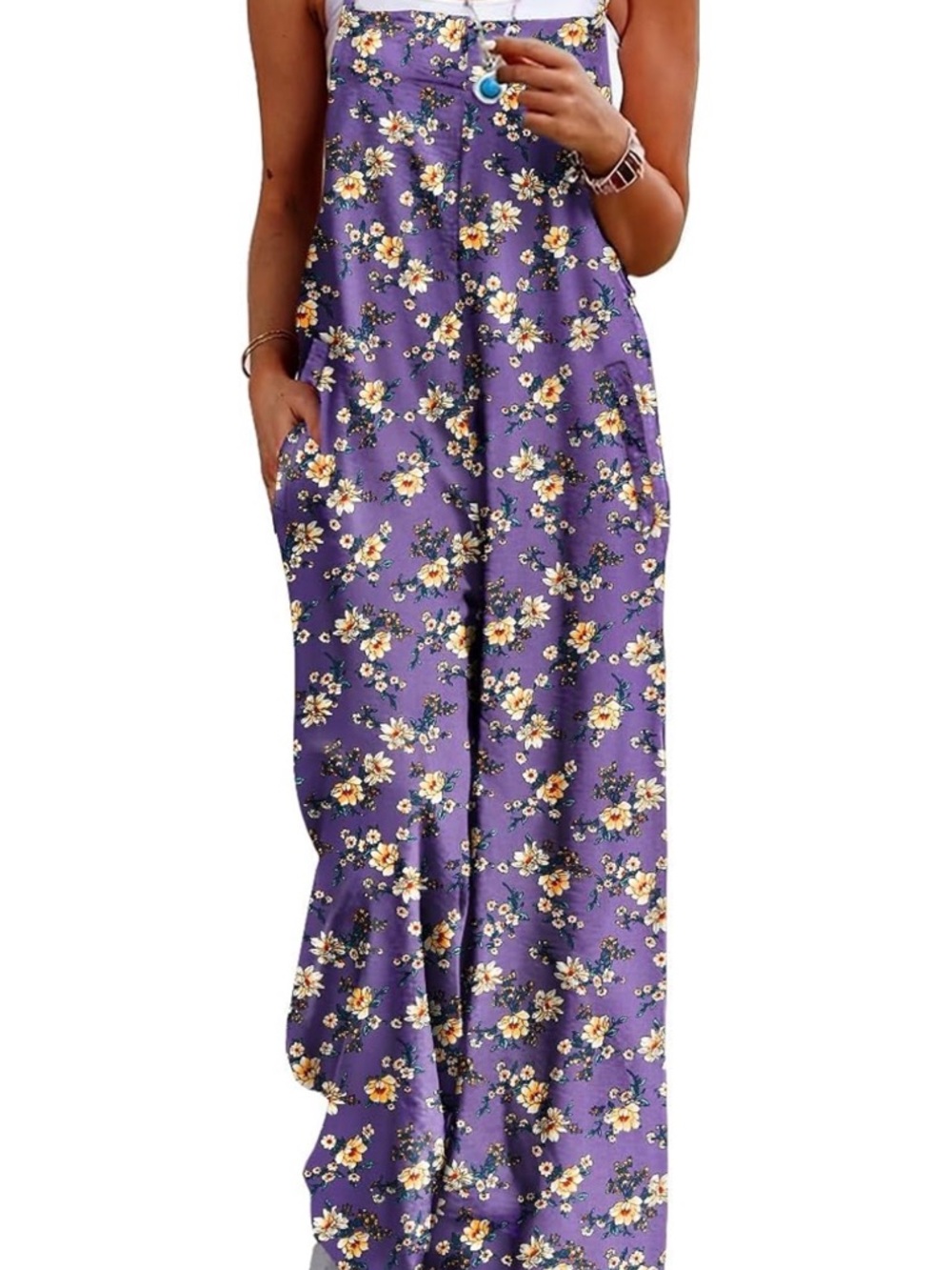 YESNO Boho Floral Wide-Leg Jumpsuit w/ pockets and adj straps - Size Small